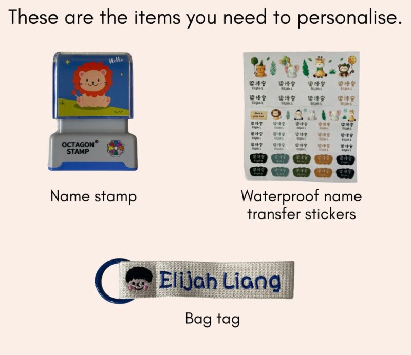 name stamp, waterproof stickers and bag tag are personalised in the first day of school customised gift box