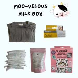 moo-velous milk box is a customised gift box meant to support and show love to breastfeeding mothers, and new mothers. it includes a cooling nursing cover (you can choose to top up for A Mighty Mum’s Kimono - a multifunctional nursing cover that acts like a cardigan), nipple cream to protect your sore nipples, disposable breast pads, lactation cookies from cookie dealers Singapore and/or Mums and Babies Lactation Tea from Tiny Tea and a box of Sunmom breastmilk storage bags.