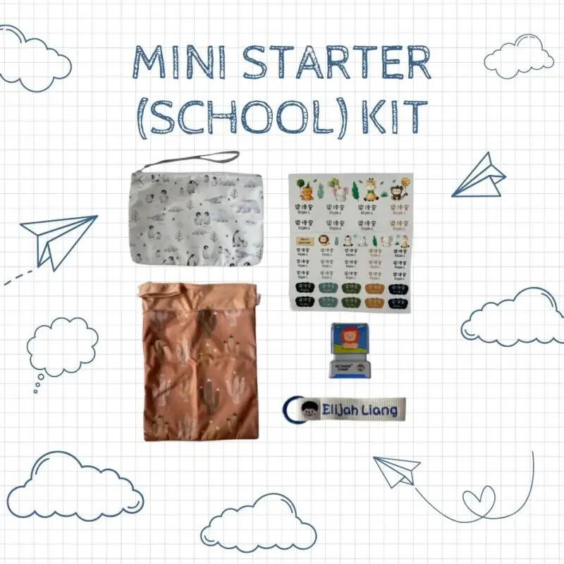 Mini starter school kit helps parents with labelling of their children belongings. This gift box includes small and big wet bag for extra clothings, diapers, diaper cream, wet wipes, personalised waterproof name transfer stickers, personalised bag tag, and personalised name stamp and a personalised gift note